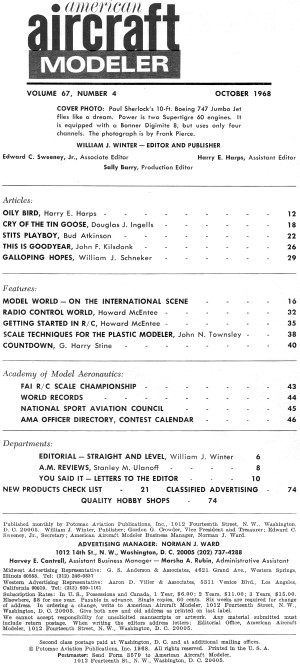 Table of Contents for October 1968 American Aircraft Modeler - Airplanes and Rockets
