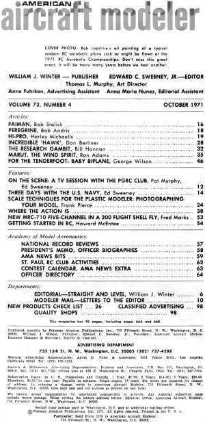 Table of Contents for October 1971 American Aircraft Modeler - Airplanes and Rockets