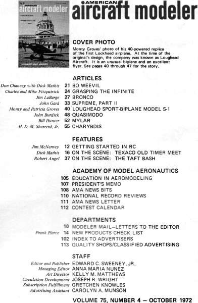 Table of Contents for October 1972 American Aircraft Modeler - Airplanes and Rockets