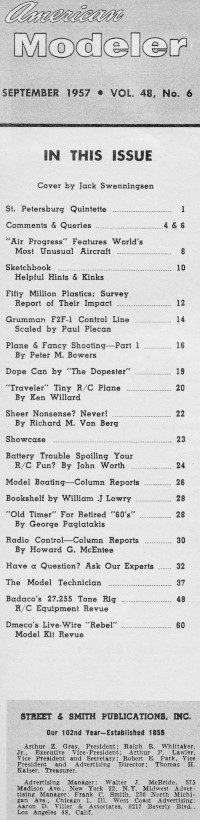 Table of Contents for September 1957 American Modeler - Airplanes and Rockets