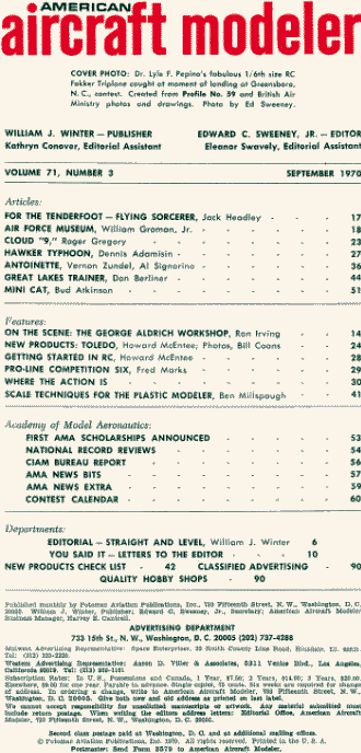 September 1970 American Aircraft Modeler Table of Contents - Airplanes and Rockets