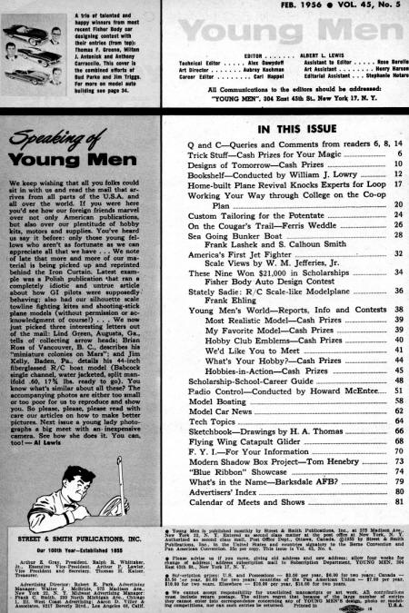 Table of Contents for February 1956 Young Men - Airplanes and Rockets