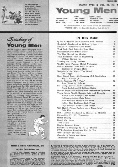 Table of Contents for March 1956 Young Men - Airplanes and Rockets