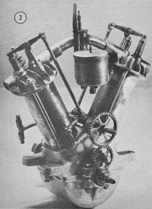 3.7 cu. in. 4-cycle V-Twin used by Stanger in 1914 to set 51 second duration record, November 1959 American Modeler - Airplanes and Rockets