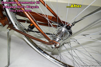 Columbia Commuter III (rear wheel all cleaned up) 3-Speed Girl's Bicycle Restoration - Airplanes and Rockets