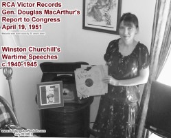 Supermodel Melanie holding RCA Victor record set of Douglas MacArthur's address to Congress and Winston Churchill's wartime speeches - Airplanes and Rockets