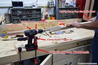 Using cordless drill as ad-hoc lathe for sanding table leg - Airplanes and Rockets