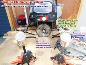 Radial arm saw setup for cutting rabbets in edges of carpet-to-tile transition molding - Airplanes and Rockets