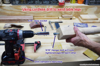 Setting up cordless drill as ad-hoc lathe for sanding table leg - Airplanes and Rockets