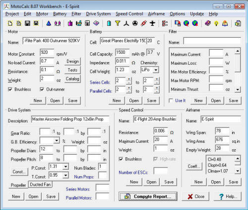 MotoCalc input screen for the e-Spirit - Airplanes and Rockets