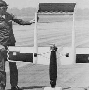 Sparrow RPV Article & Plans, Underside, Ross 4 installed at this time. Spreader bar at tail is streamlined K&S tubing, September 1973 AAM - Airplanes and Rockets