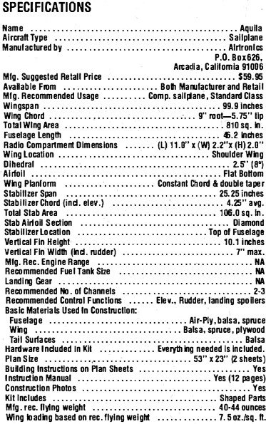 Aquila specifications - Airplanes and Rockets