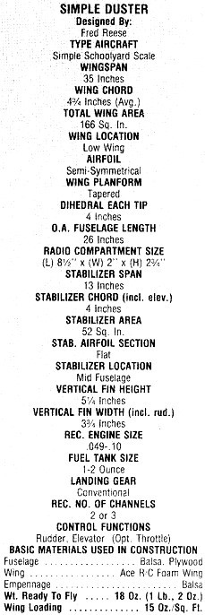 Simple Duster Specifications - Airplanes and Rockets