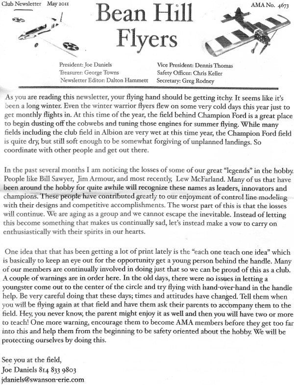 May 2011 Bean Hill Flyers Newsletter (page 1) - Airplanes and Rockets