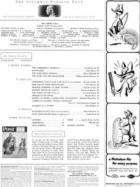 February 19, 1949 Saturday Evening Post Table of Contents - RF Cafe