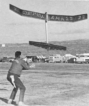 Open spaces needed when flying the big ones. Ralph Prey releases the colorful "Hi Carumba " 1200 - Airplanes and Rockets