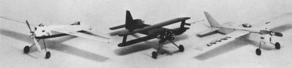 Here are three 1/2A C/L Proto models showing different styles of engine mounting: left to right - upright, sidewinder (on a profile design), and inverted - Airplanes and Rockets