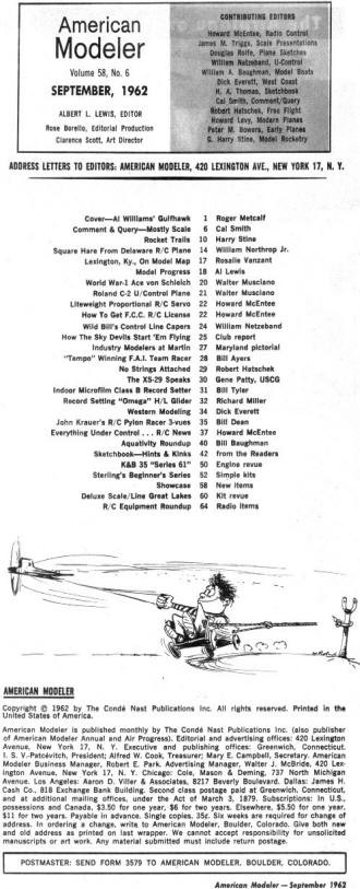 Table of Contents for September 1962 American Modeler - Airplanes and Rockets