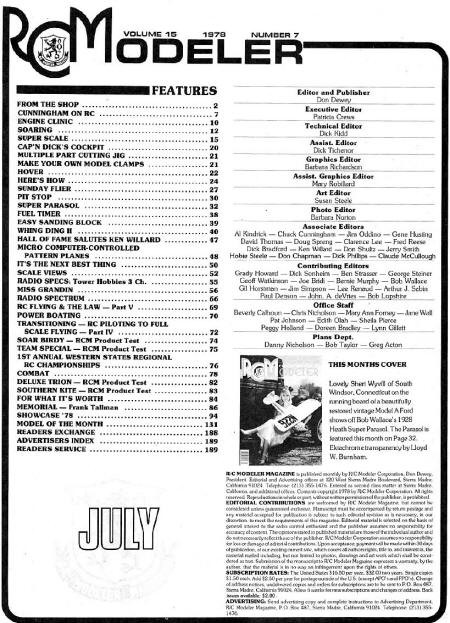 July 1978 R/C Modeler Table of Contents - Airplanes and Rockets