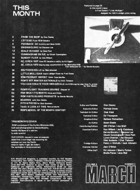 March 1972 R/C Modeler Table of Contents - Airplanes and Rockets