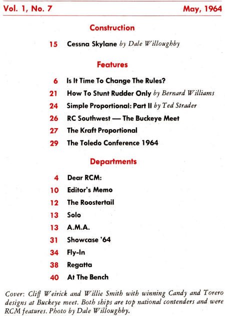 May 1964 R/C Modeler Table of Contents - Airplanes and Rockets