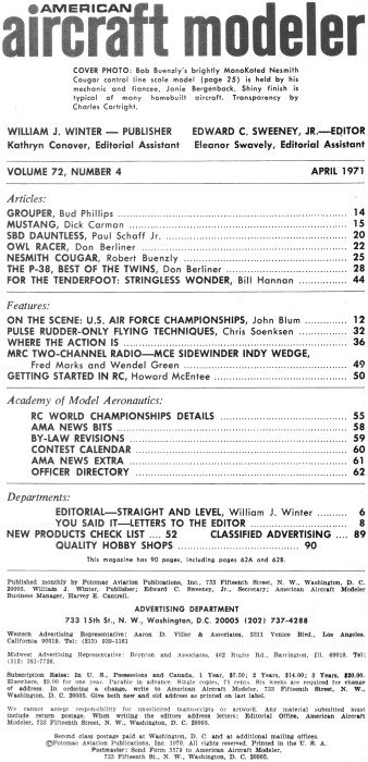 April 1971 American Aircraft Modeler Table of Contents - Airplanes and Rockets
