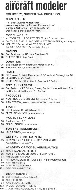 Table of Contents for August 1973 American Aircraft Modeler - Airplanes and Rockets