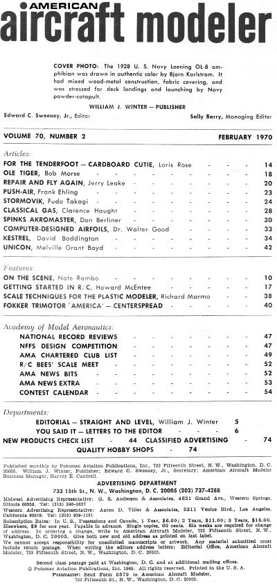 Table of Contents for February 1970 American Aircraft Modeler - Airplanes and Rockets