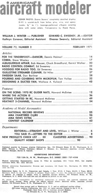 Table of Contents for February 1971 American Aircraft Modeler - Airplanes and Rockets