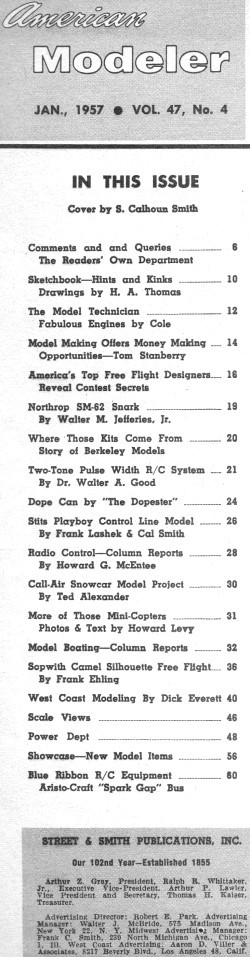 Table of Contents for January 1957 American Modeler - Airplanes and Rockets