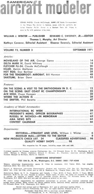 Table of Contents for September 1971 American Aircraft Modeler - Airplanes and Rockets