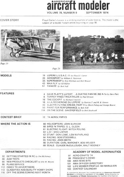 Table of Contents for September 1974 American Aircraft Modeler - Airplanes and Rockets