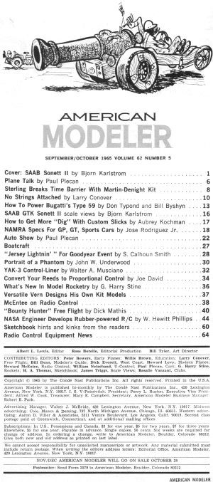 September/October 1965 American Modeler Table of Contents - Airplanes and Rockets