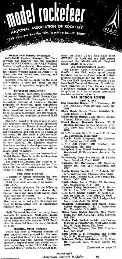 Model Rocketeer, National Association of Rocketry, August 1968 American Aircraft Modeler - Airplanes and Rockets